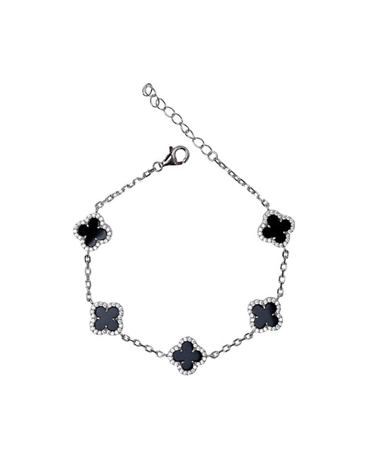 KLEEBLATT-ARMBAND 925 SILBER MIT ONYX UND ZIRKONIA
