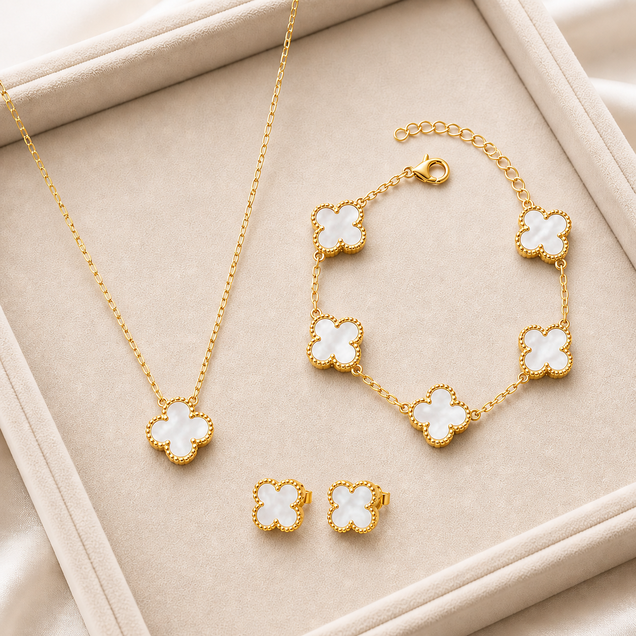 KLEEBLATT SCHMUCK SET PERLMUTT 18K 925 SILBER