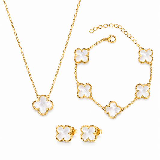 KLEEBLATT SCHMUCK SET PERLMUTT 18K 925 SILBER