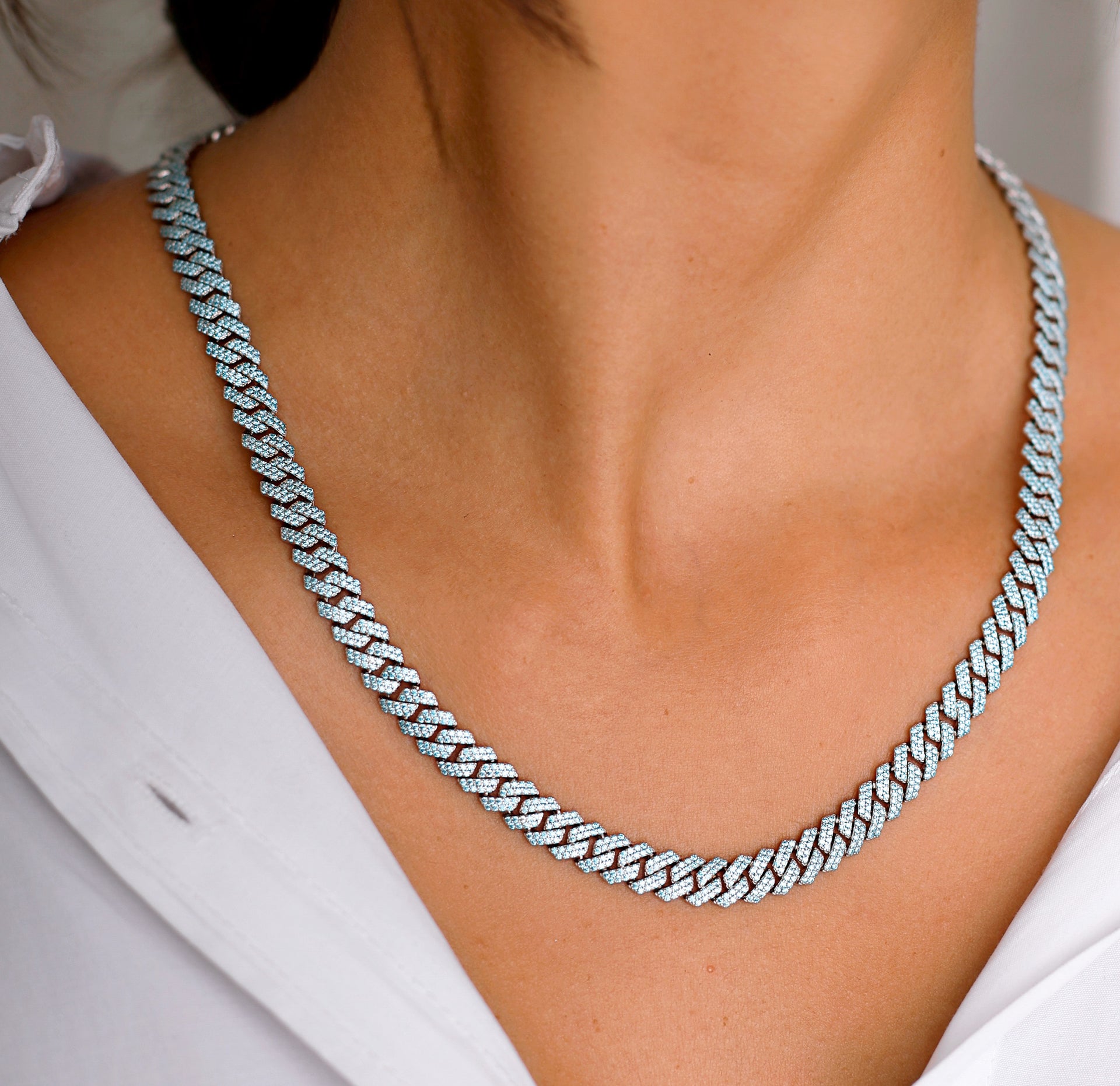 MIAMI CUBAN LINK HALSKETTE ICED OUT 925 SILBER 8MM BABY BLUE
