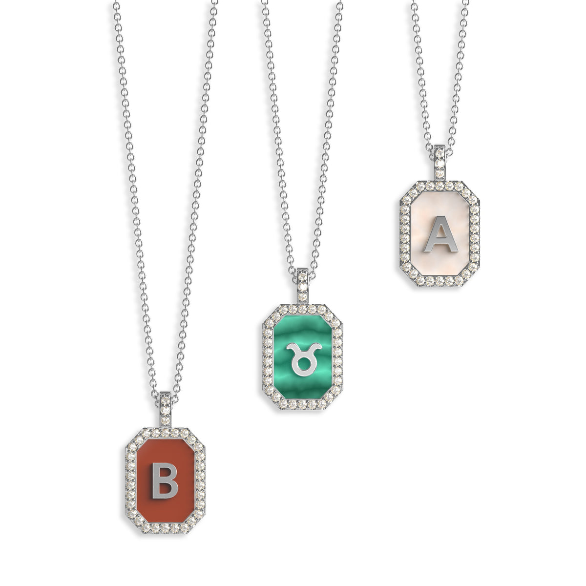 PERLEN-INITIALEN-ZODIAK & INITIALEN-GEBURTSSTEIN-ANHÄNGERKETTE OKTAGON SILBER